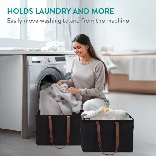 Set 2 cosuri rufe pliabile Navaris, 37 L, manere laterale si snur, 43x31x28 cm, negru, textil