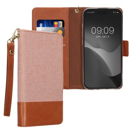 Etui Kwmobile do Apple iPhone 15 Pro Max, jasnoróżowe/brązowe, materiał tekstylny/silikon, KWM000022RM001C
