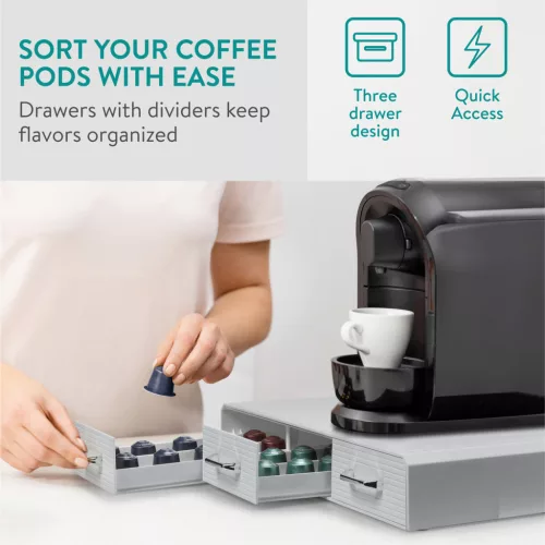 Organizator capsule cafea Navaris, 3 sertare, 48 capsule, 34.2x6.5x32.5 cm, HIPS, gri, plastic