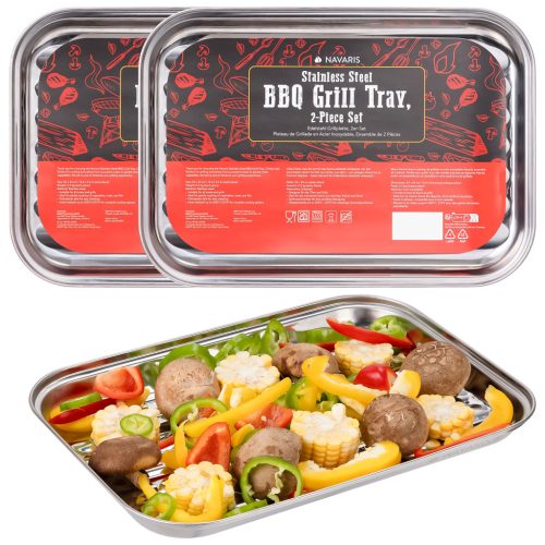 Set 2 tavi BBQ din otel inoxidabil Navaris, 34x24 cm, cu gauri de ventilatie, NAV000038EP001C