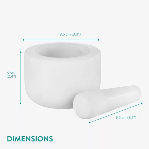 Set mojar si pistil Navaris, 8.5 cm, marmura alba, baza antiderapanta, 1 cup, alb, piatra naturala