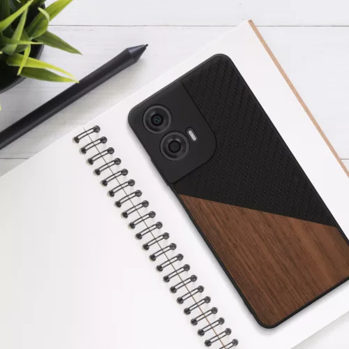 Etui Kwmobile do Motoroli Moto G24/Moto E14/Moto G04, Brązowy/Czarny, Drewno/Silikon, KWM000022RR001C