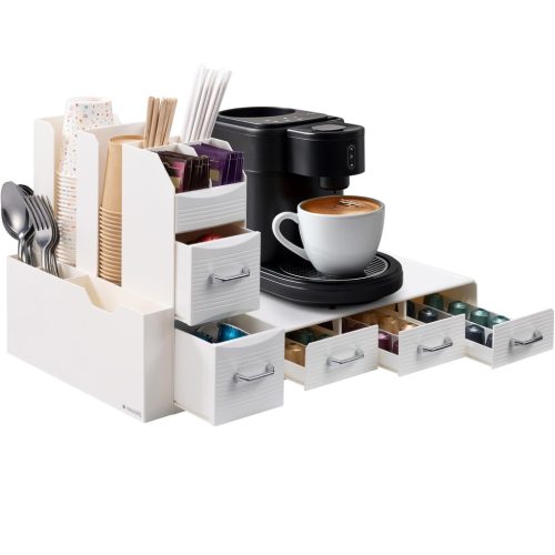 Set suport aparat cafea 3 sertare pentru capsule si organizator 2 sertare pentru consumabile Navaris, alb, NAV000018GT003C