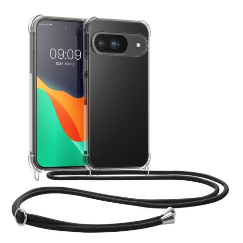Etui Kwmobile ze smyczą do Google Pixel 9/Pixel 9 Pro, przezroczyste/czarne, silikonowe, KWM000020PR001C