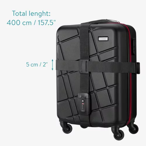 Pas bagażowy Navaris z zamkiem i etykietą ID, regulowana długość 400x5 cm, czarny, 51357.01