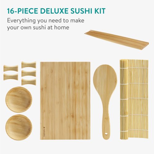 Set 16 piese kit sushi Navaris pentru incepatori, tava bambus, 24x15x2 cm, 60621.01