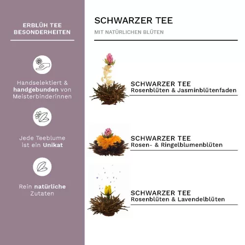 Zestaw kwitnącej herbaty Creano ErbluhTee, herbata czarna, szklany czajnik 500 ml, 6 kul