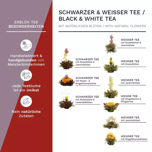 Zestaw prezentowy Creano ErbluhTee w drewnianym pudełku z magnetycznym zamknięciem, 12 kul kwitnącej herbaty, 9 odmian