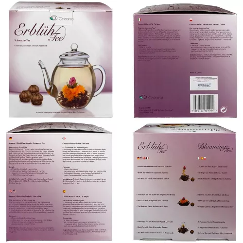 Zestaw prezentowy Creano ErbluhTee Mix, szklany czajnik 500 ml i 6 kul kwitnącej czarnej herbaty, 3 odmiany