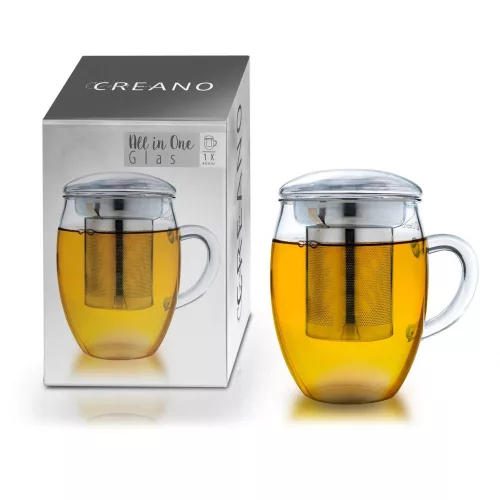 Pahar pentru ceai Creano All-in-One, 400 ml, cu infuzor din inox si capac din sticla