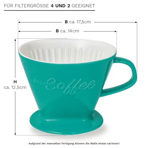 Filtru cafea Creano din portelan, marimea 4, pentru filtre 1x4, baza stabila, verde jad