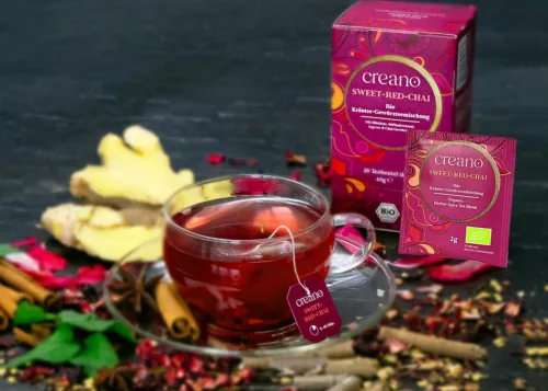 Herbata Bio Creano Słodki Czerwony Chai, 20 torebek, hibiskus i przyprawy, owocowo-pikantny smak