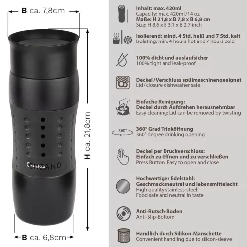 Cana termos Creano Design Travel Mug, 420 ml, inox, etansa, deschidere 360, negru
