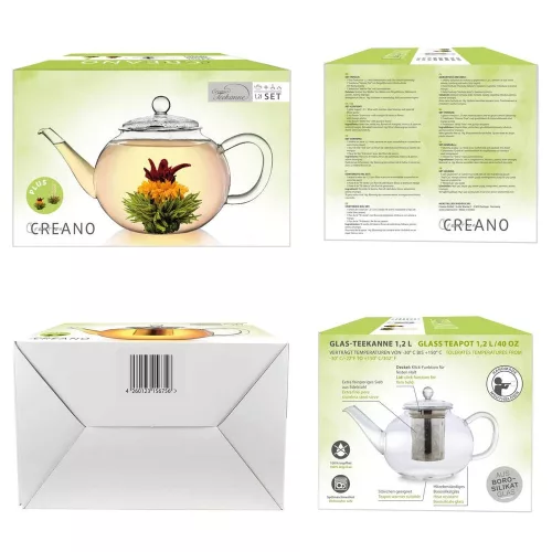 Ceainic din sticla Creano, 1,2 L, cu infuzor din inox, capac si 2 flori de ceai