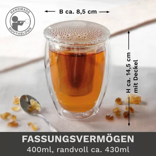 Pahar termic pentru ceai Creano, 400 ml, perete dublu, cu infuzor din inox si capac