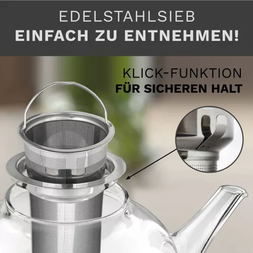 Ceainic din sticla Creano All-in-One, 0,8 L, cu infuzor din inox si capac, anti-picurare