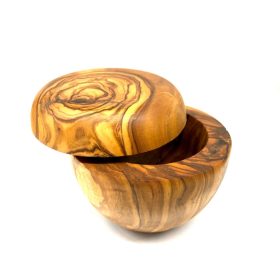   Pojemnik na sól z drewna oliwnego z pokrywką i łyżeczką, do serwowania na stole