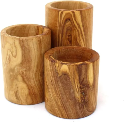 Zestaw 3 świeczników na tealighty z drewna oliwnego, 6/8/10 cm, średnica 5,5 cm