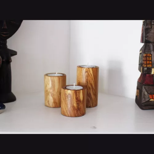 Zestaw 3 świeczników na tealighty z drewna oliwnego, 6/8/10 cm, średnica 5,5 cm