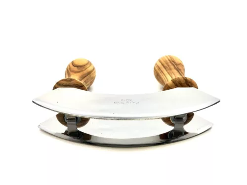 Nóż mezzaluna do siekania, uchwyty z drewna oliwnego, podwójne ostrze ze stali nierdzewnej, szerokość 13 cm