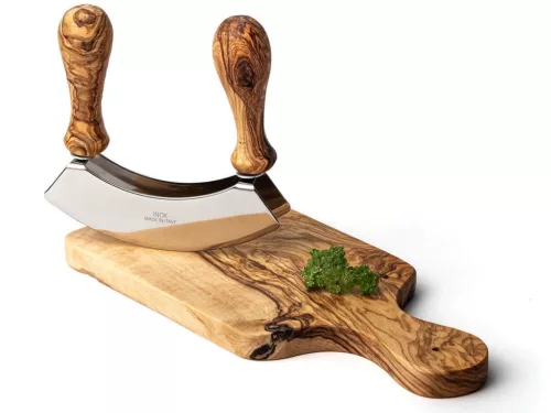 Nóż mezzaluna do siekania, uchwyty z drewna oliwnego, podwójne ostrze ze stali nierdzewnej, szerokość 13 cm