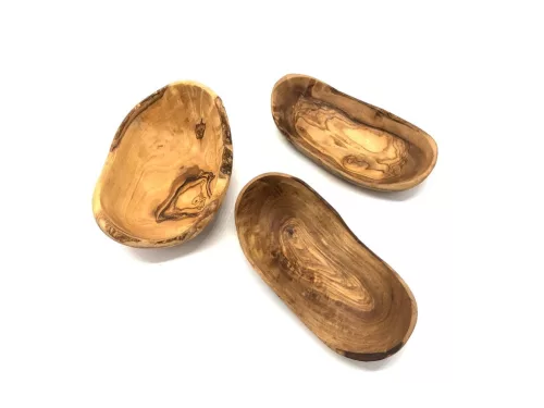 Rustykalna owalna miseczka z drewna oliwnego, 14–16 cm, do przekąsek i serwowania