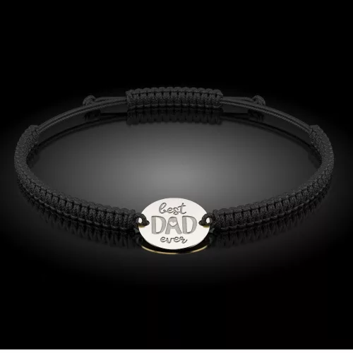 Srebrna bransoletka z czarnym plecionym sznurkiem, model Best Dad