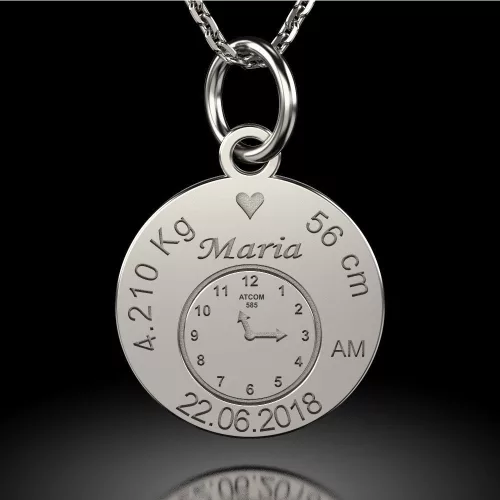 Model zegara urodzinowego w kolorze srebrnym z zawieszką na łańcuszku