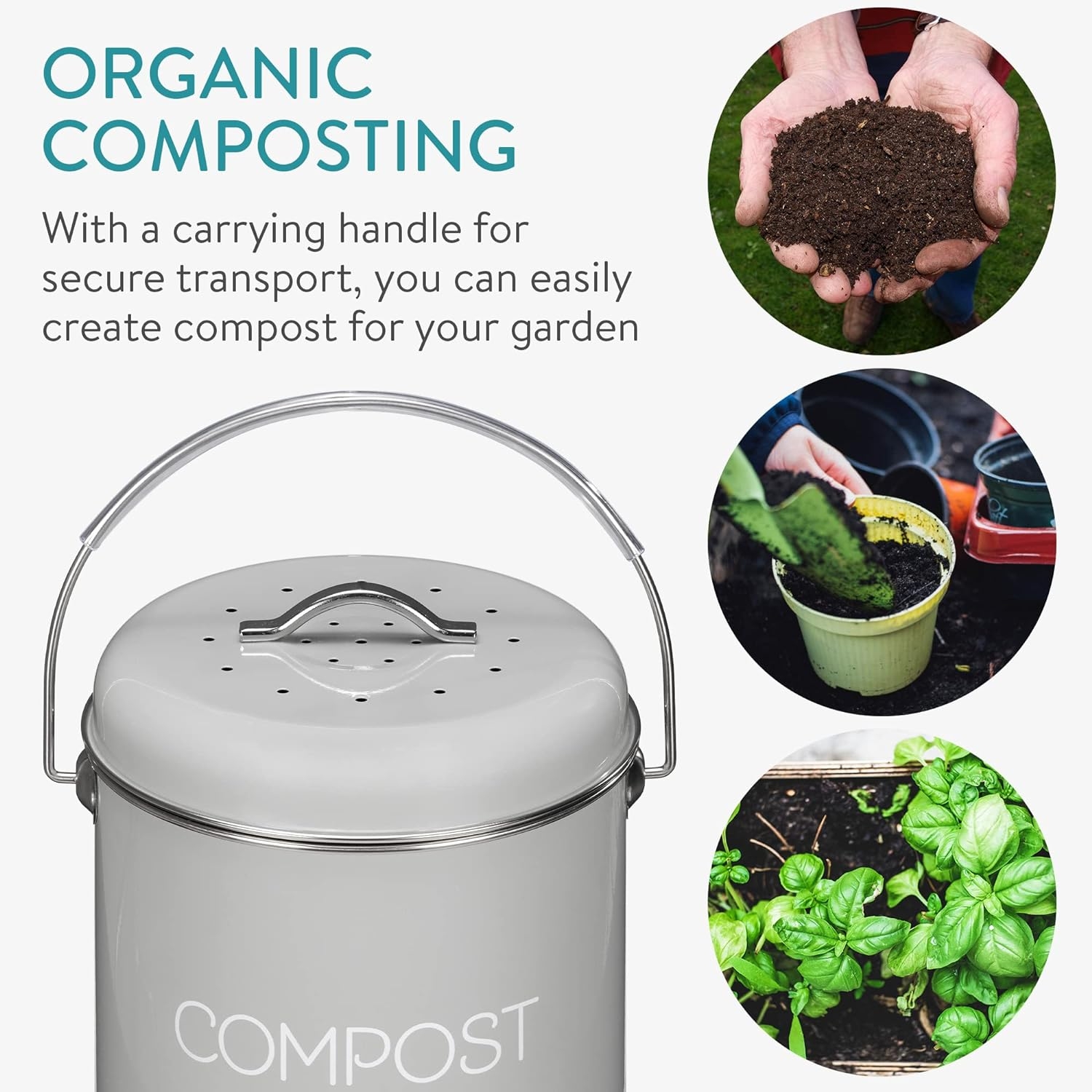 Cos De Compost Metalic, Gri, 3L + 3x Filtru, Navaris