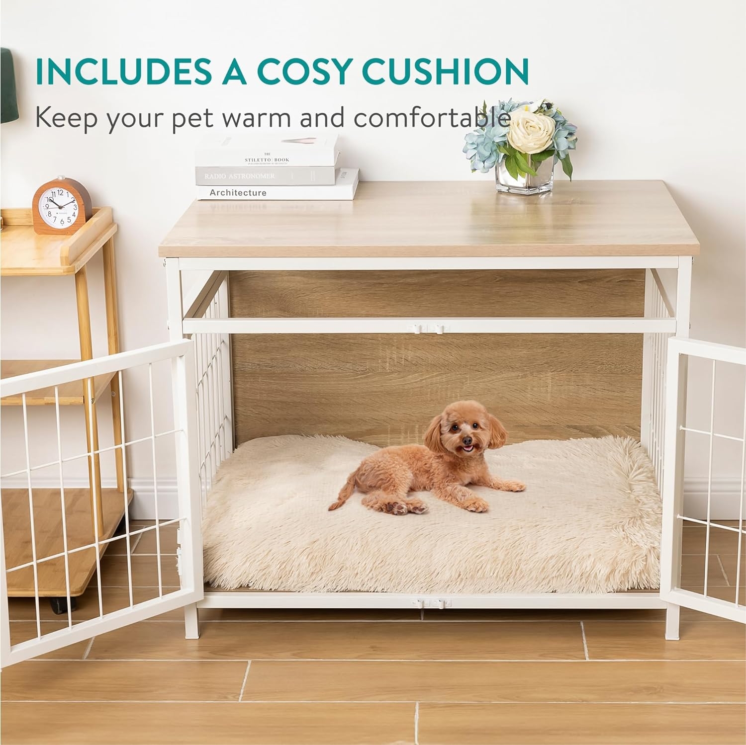 Culcus pentru caini cu masa Navaris, 80x56x63.5 cm, lemn/plastic, NAV000025VN001C