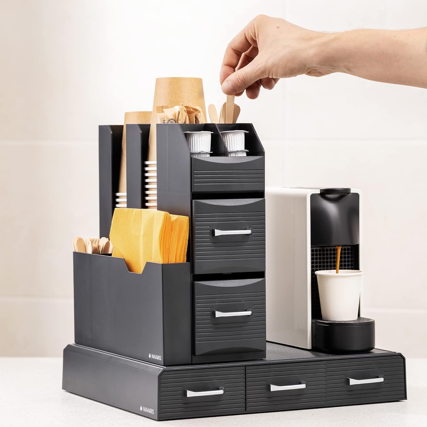Stojak na ekspres do kawy z 3 szufladami na 48 kapsułek Nespresso i 2-szufladowy organizer, czarny
