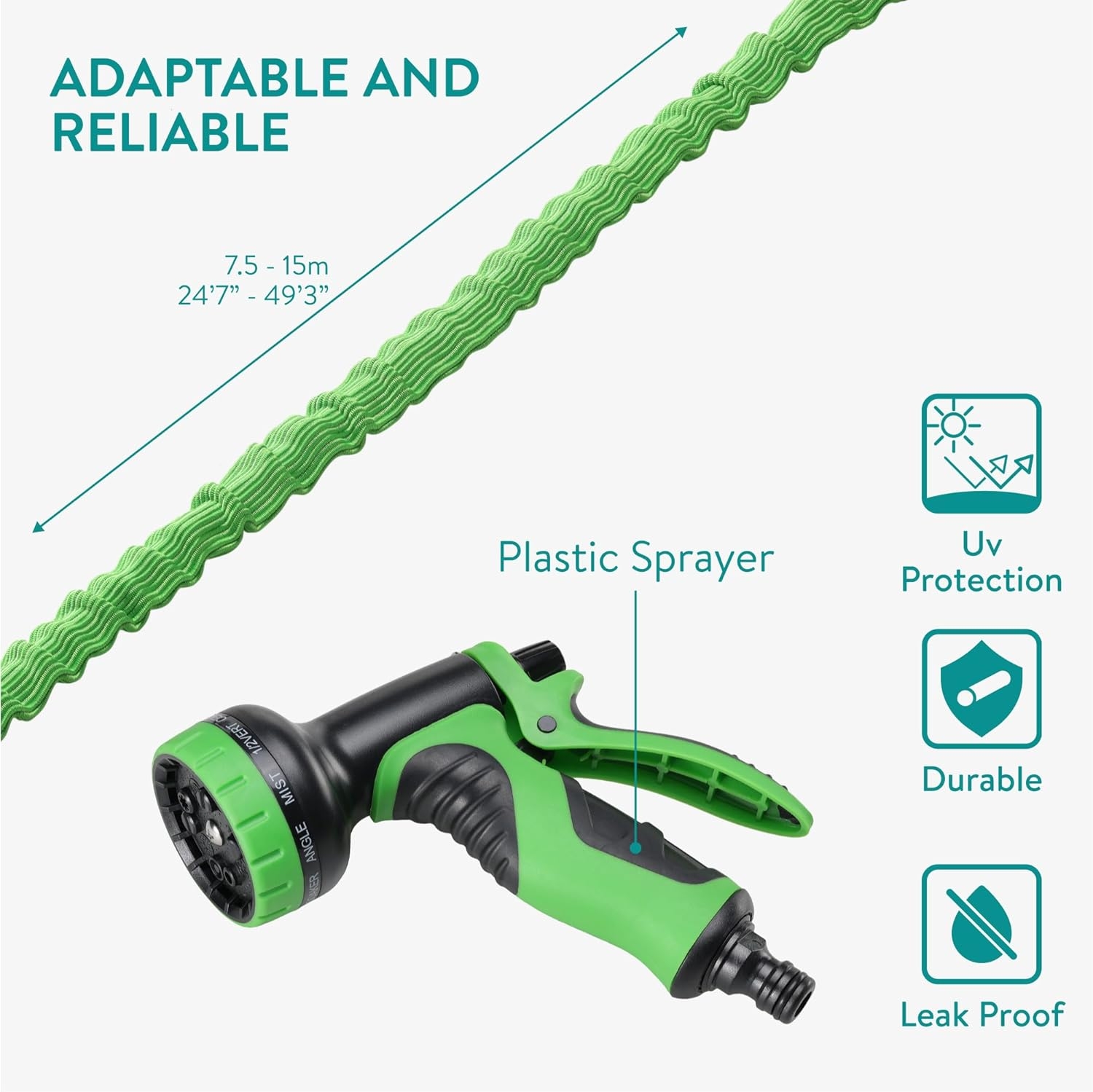 Furtun de gradina extensibil Navaris, 7.5-15m, cu pistol 10 functii, conectori rapizi, 61949.02